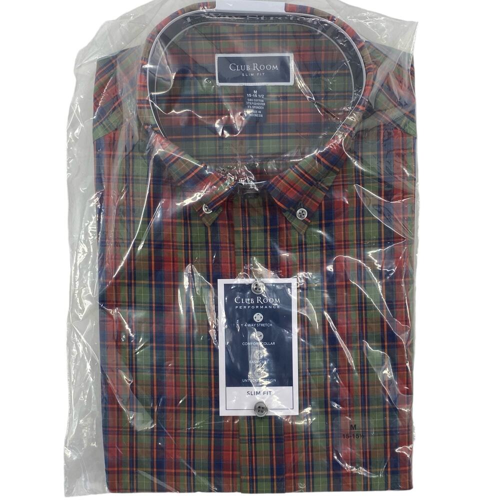 CLUB ROOM NWT Slim Fit Short Sleeve Button Down Shirt Olive Red Size Medium